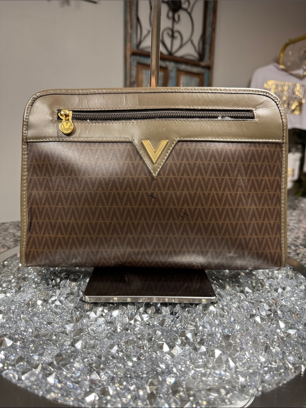 Valentino Brown and Tan Signature Toiletry Pouch with Gold V Hardware